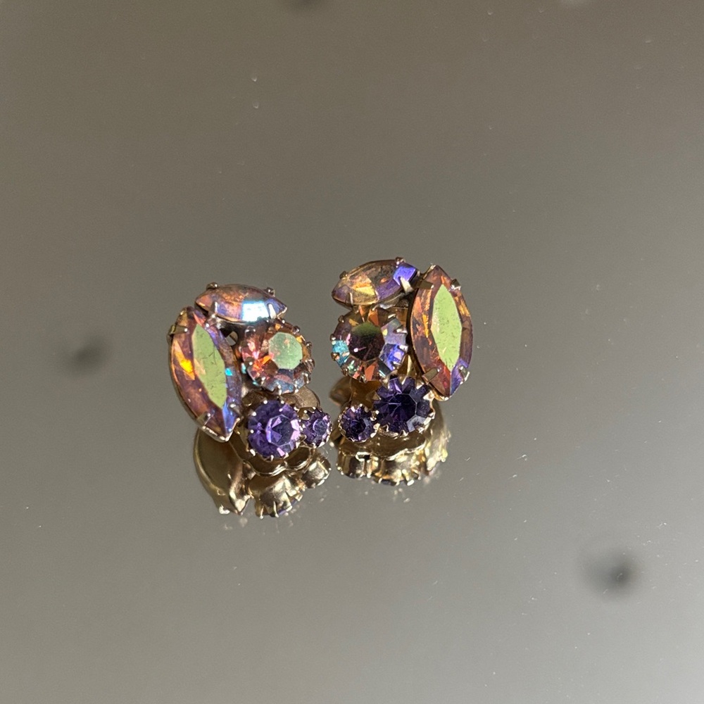 Signed Continental Elegant Purple and Gold Rhinestone Clip on Earrings